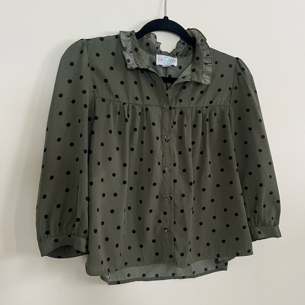 Jun & Ivy Olive Blouse with Black Polka Dots bohemian crop